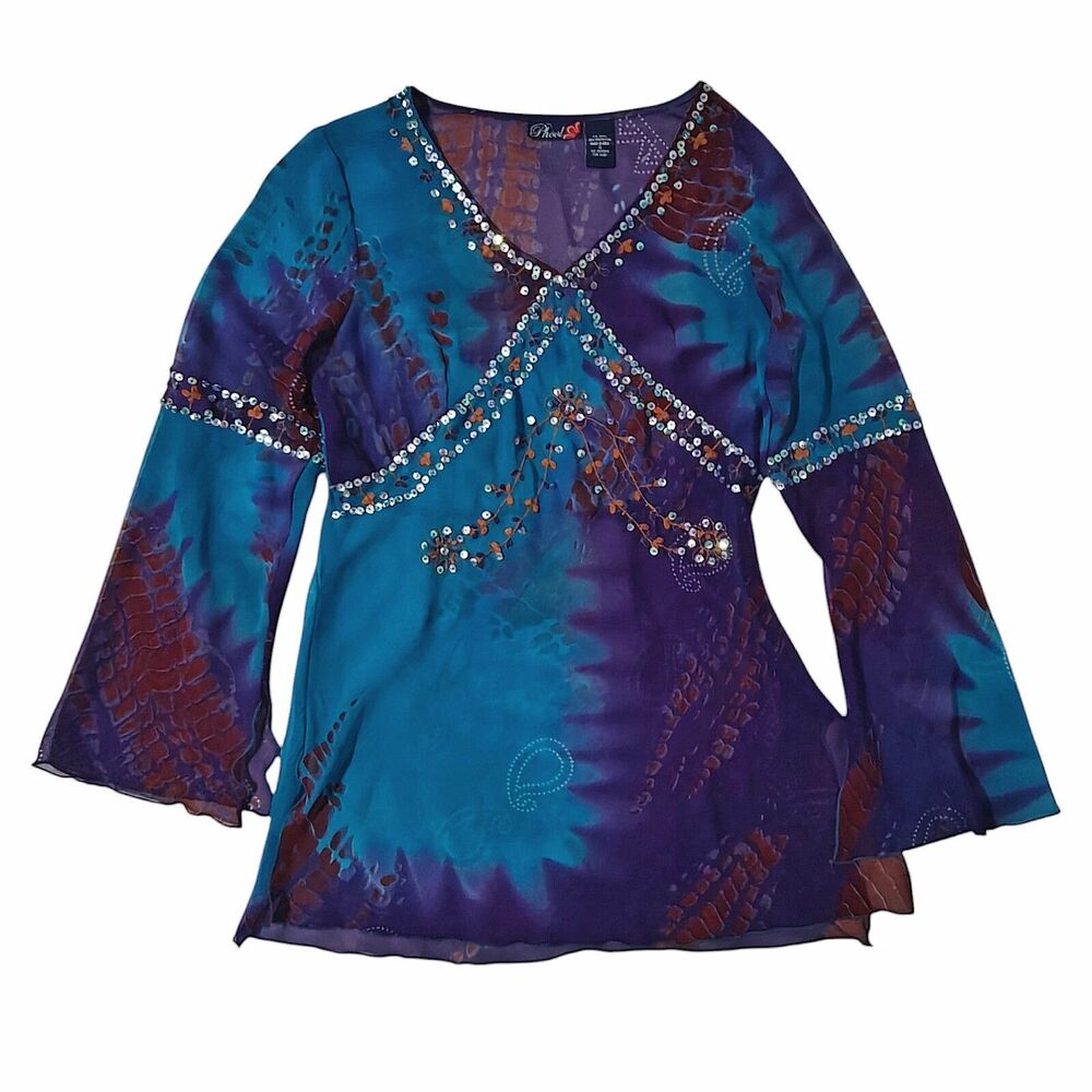 Vintage Y2K Beaded Babydoll Fairy Phool Top S Small Women's Blue Ethereal Sheer